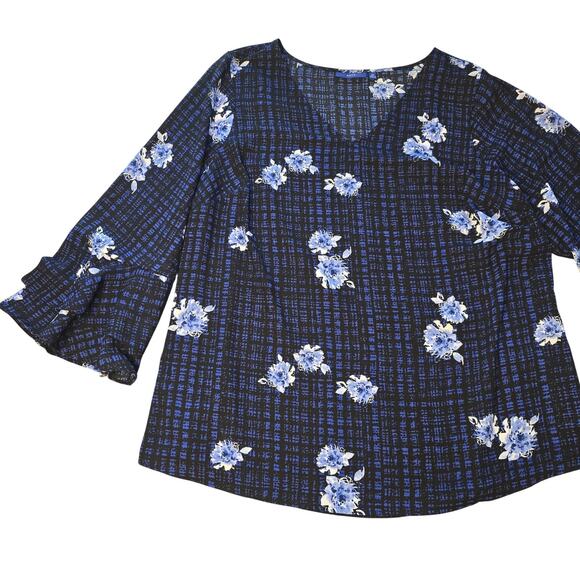 APT. 9 Shirt Womens 0X Blue Floral Bell Sleeve Stretch Blouse Top Polyester - Picture 1 of 11